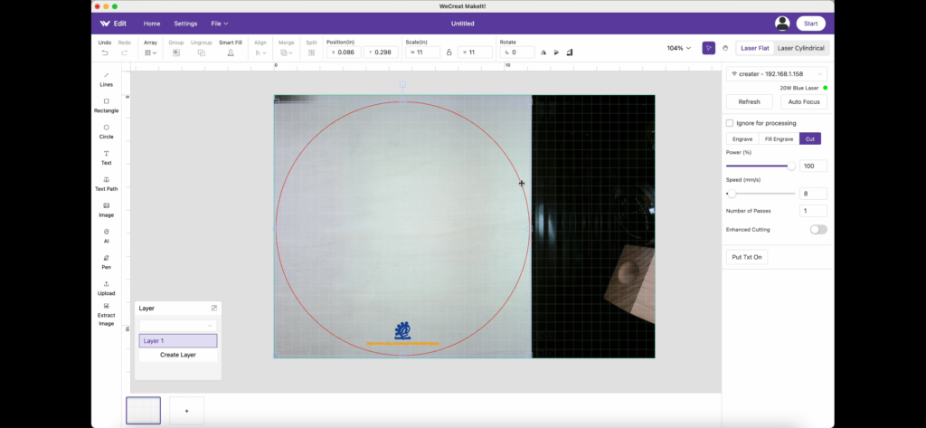 Speed test project settings on the WeCreat Vision using recommended defaults for 3mm basswood.